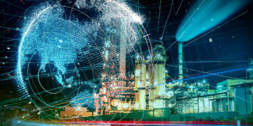 Modern factory and global communication concept.
