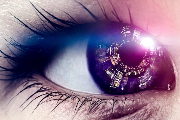 A conceptual image, a circular New York City skyline at night glowing in the vision of a child's eye.  A depiction of the future of cities.