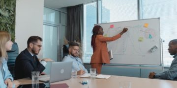Photo by Tima Miroshnichenko from Pexels: https://www.pexels.com/photo/woman-showing-her-presentation-by-writing-on-a-white-board-5439487/