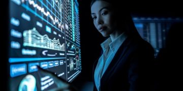 The woman works with graphics on a black monitor