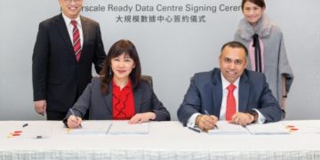 (L-R) Sino Group executives AGM for leasing Ng Wai Hong and director of asset management Bella Chhoa with BDx executives CFO Vijay Tripathi and head of legal Katherine Lee at the lease signing ceremony.