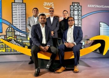 Back row (L-R): AWS executives Vikram Rao, head of enterprise, ASEAN;  Jayanth Nagarajn, head, telecommunications industry, Asia Pacific & Japan;  Haris Izmee, managing director, ASEAN growth markets. Front row (L-R): Axiata Digital Labs executives Namal Jayathilake, chief technology officer, and  Thushera Kawdawatta, chief executive officer