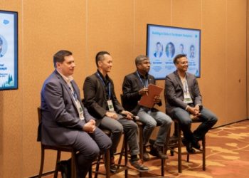 (L-R) Gavin Barfield, vice president & CTO, Solutions, ASEAN, Salesforce; Terence Chia, cluster director, digital industry and talent group, IMDA; Assoc Prof Damien Joseph, associate dean, Nanyang Business School, NTU; and Sujith Abraham, senior vice president and GM, ASEAN, Salesforce