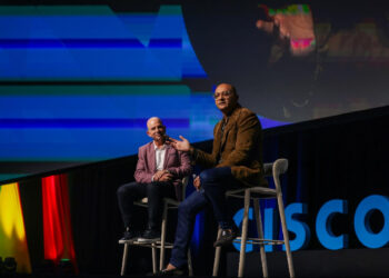 Jeetu Patel, Executive Vice President and General Manager of Security and Collaboration at Cisco (right) at opening keynote