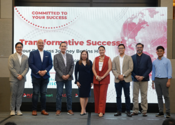 From left to right: Mark Rayo, PLDT Enterprise Business Head; Jett Tinio, ePLDT Vice President and Head of Managed Network Services for Fixed and Wireless; Dick Perez, PLDT Enterprise Assistant Vice President and Head of Corporate Relationship Management; Corrine Zablan, PLDT Enterprise Assistant Vice President and Business Head; Omni Larrosa, PLDT Enterprise Senior Relationship Manager; Edok Agida, PLDT Enterprise Assistant Vice President and Head of Transformative Enterprise Networking Solutions​ Enterprise Product Management; Herns Hermida, Cisco Product Sales Specialist; and Celdrick Bernal, Cisco System Engineer, pose onstage where they shared insights on how digital solutions can transform business operations across various industries.
